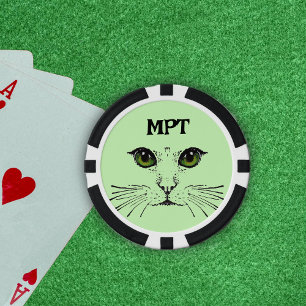 Cat Face Etched in black Green Eyes Whiskers Poker Chips