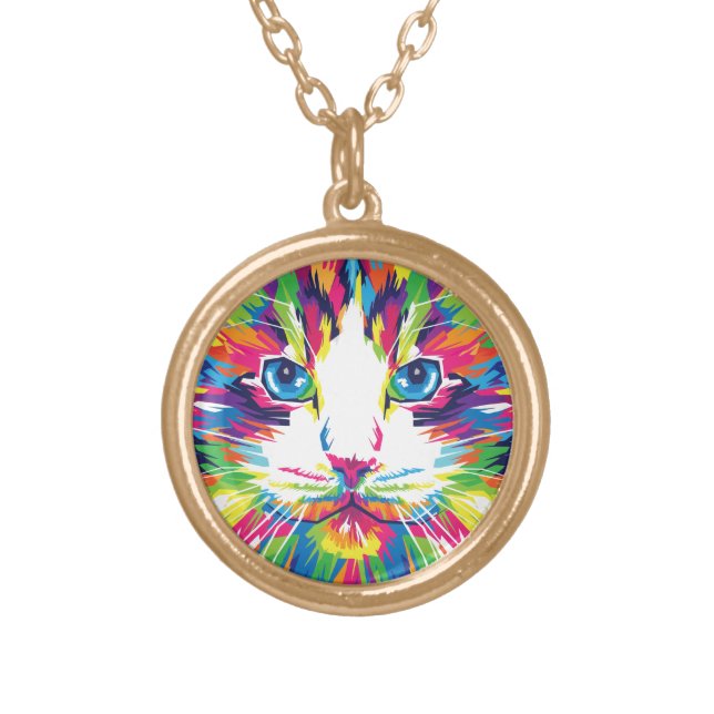 Cat Face Geometric Prismatic Design-32453 Gold Plated Necklace (Front)