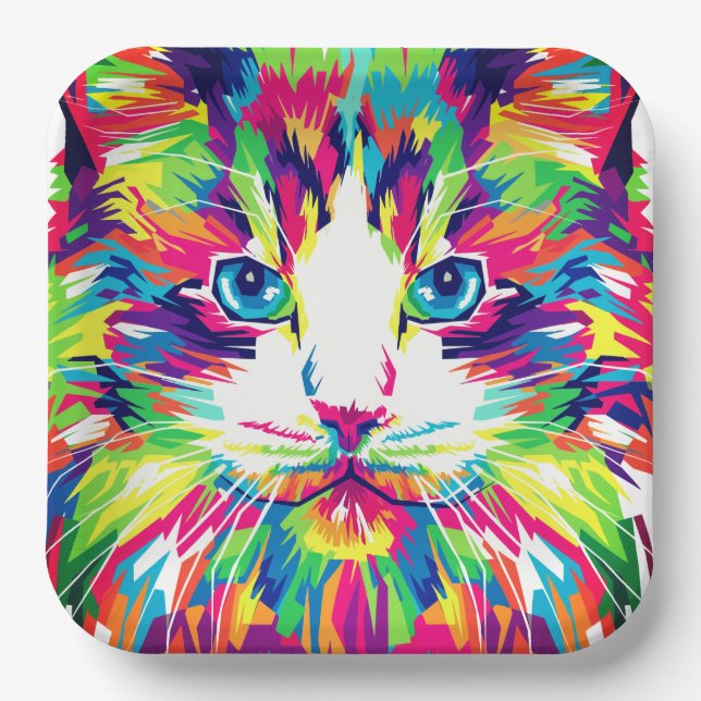 Cat Face Geometric Prismatic Design-32453 Paper Plates (Front)
