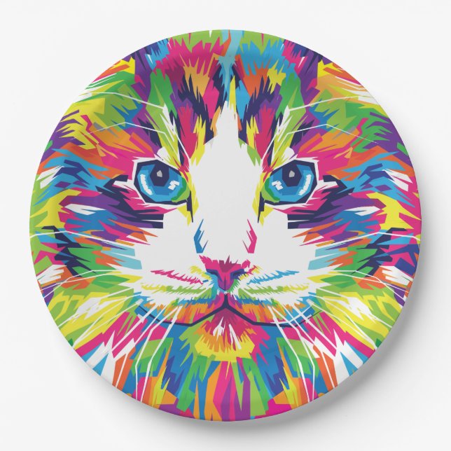 Cat Face Geometric Prismatic Design-32453 Paper Plates (Front)