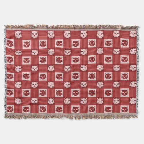 Cat Face Gingham Pattern Cute Red Throw Blanket