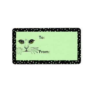 Cat Face Green Eyes Black Polka Dot Border Label