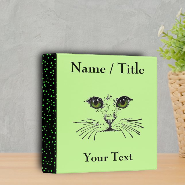 Cat Face Green Eyes Whiskers Binder (Cat face green eyes whiskers green polka dots on light green binder.)