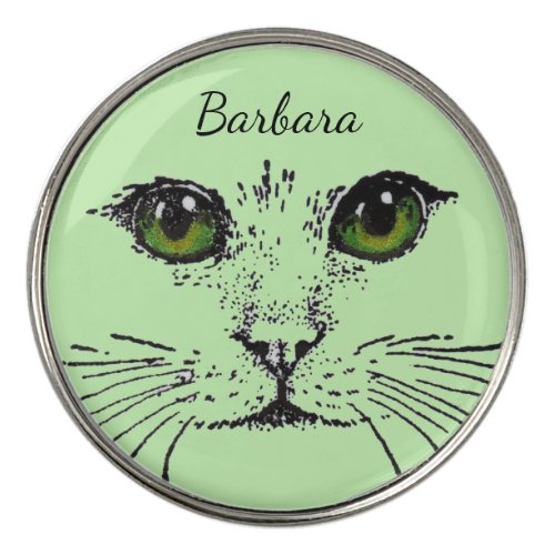 Cat Face Green Eyes Whiskers Cute Nose on Green Golf Ball Marker