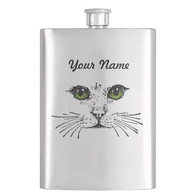 Cat Face Green Eyes Whiskers Hip Flask (Front)