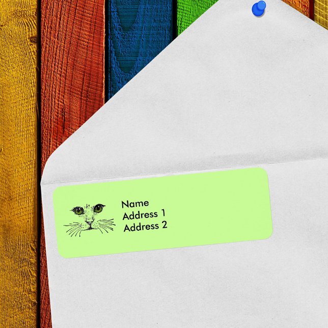 Cat Face Green Eyes Whiskers Label (Cat face drawing in black with green eyes on light green return address labels.)