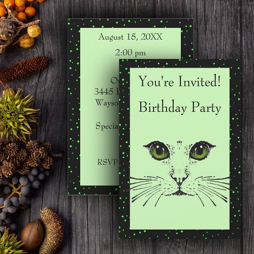 Cat Face Green Eyes Whiskers on Green Polka Dots Invitation