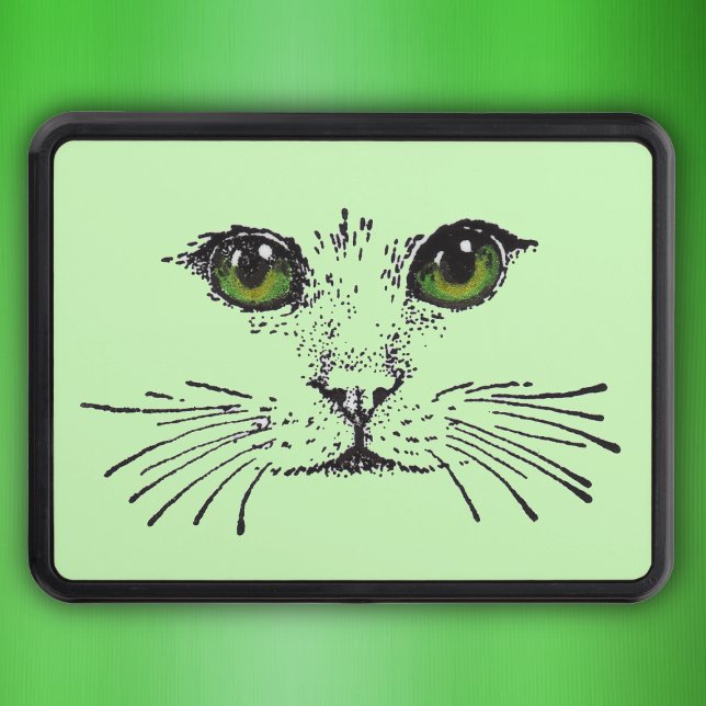 Cat Face Green Eyes Whiskers Trailer Hitch Cover (Black cat face etching with vibrant green yellow eyes and whiskers on light green truck hitch cover.)