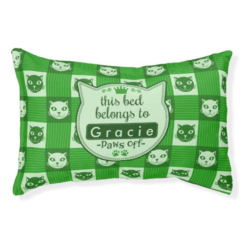 Cat Face Green Gingham Cute Personalized Paws Off Pet Bed