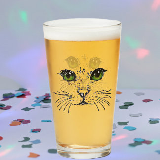 Cat Face Illustration in Black Vibrant Green Eyes Glass
