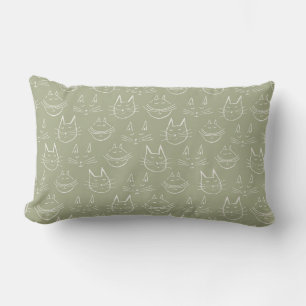 Cat Face Illustration Sage Green Lumbar Pillow