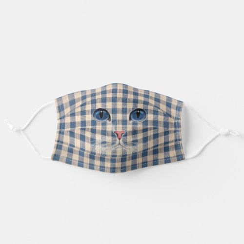 cat face on blue gingham adult cloth face mask