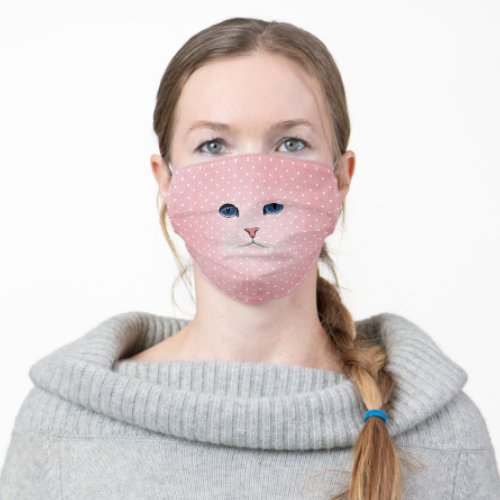 cat face on pink pin dot pattern adult cloth face mask