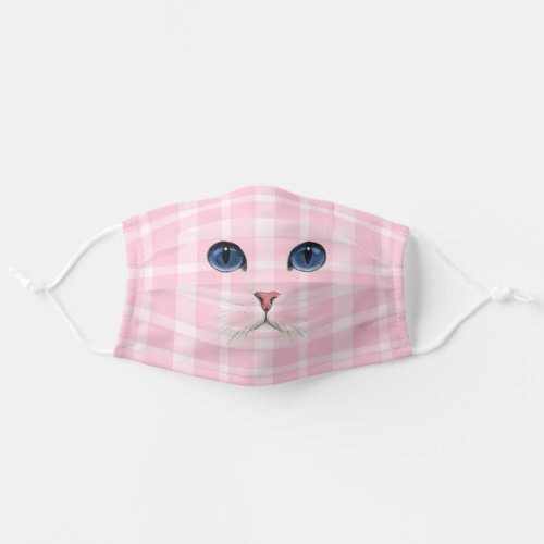 cat face on pink plaid adult cloth face mask