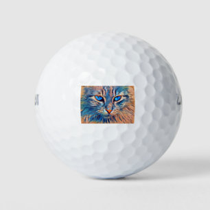 Cat Face Orange Blue Pet Feline Meow Watching Golf Balls