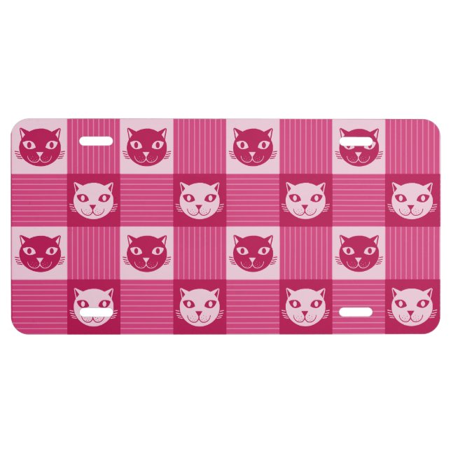 Cat Face Pink Gingham Pattern Cute License Plate (Front)