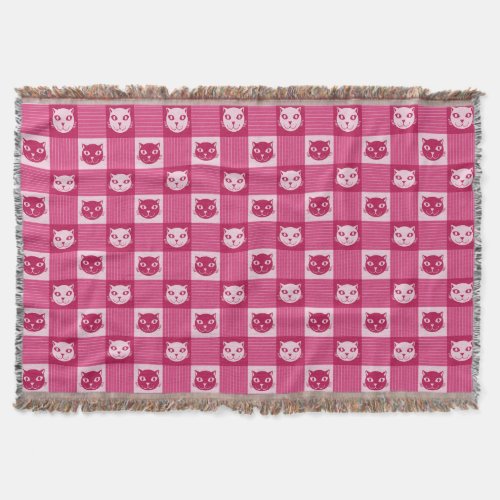 Cat Face Pink Gingham Pattern Cute Throw Blanket