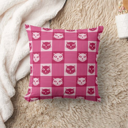 Cat Face Pink Gingham Pattern Cute Throw Pillow