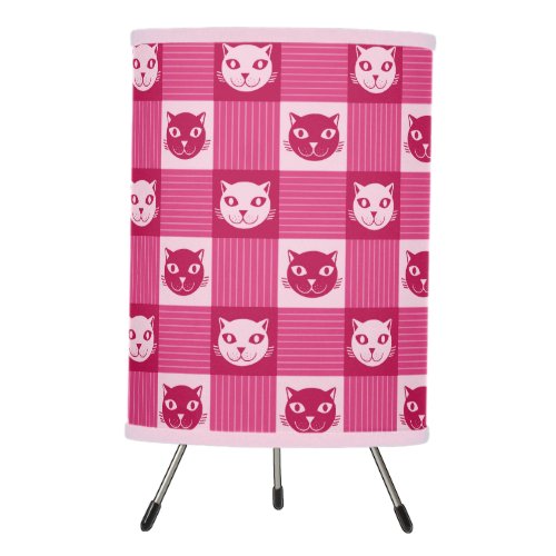 Cat Face Pink Gingham Pattern Cute Tripod Lamp