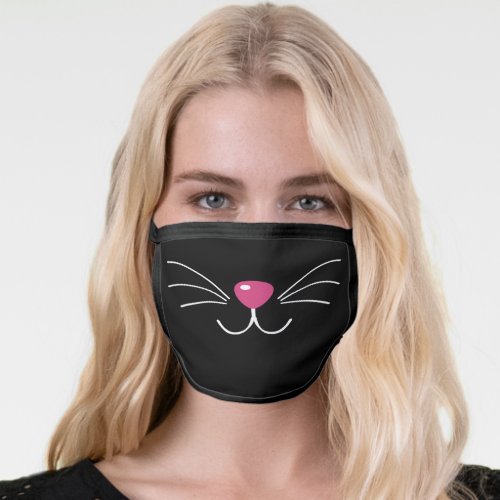 Cat face pink nose black whiskers fun animal Black Face Mask