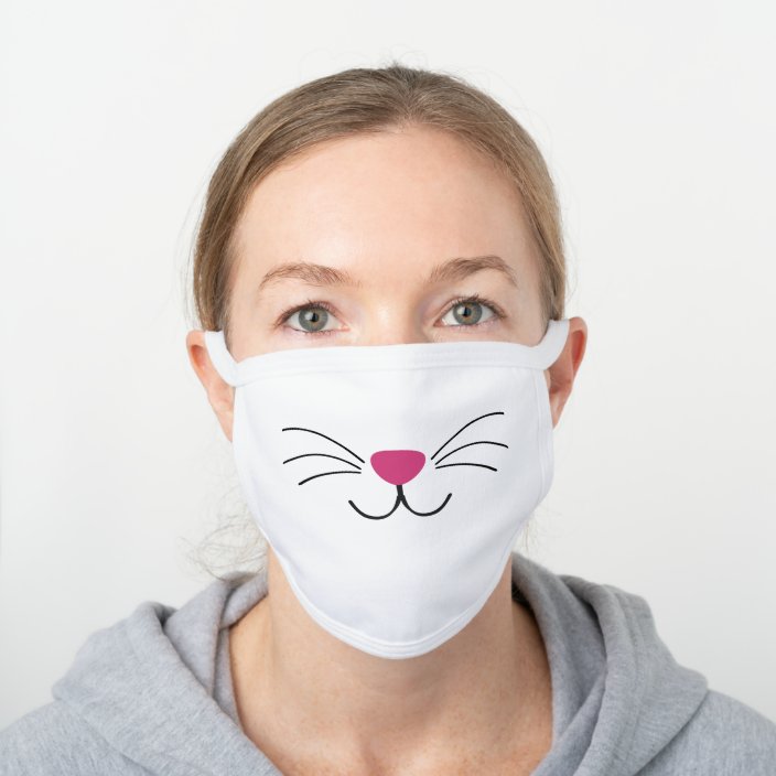 Cat Face Pink Nose Black Whiskers Fun Animal White Cotton Face Mask