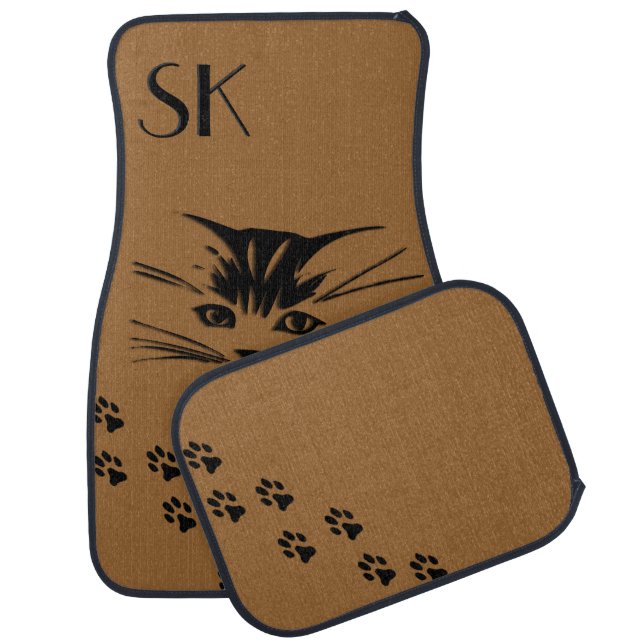 Cat Face Prints Monogram Brown Car Floor Mats (Set)
