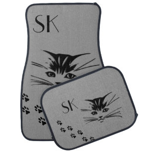 Cat Face Prints Monogram Gray Car Floor Mats