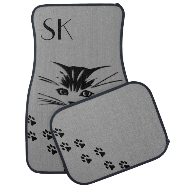 Cat Face Prints Monogram Gray Car Floor Mats (Set)