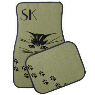 Cat Face Prints Monogram Olive Car Mat