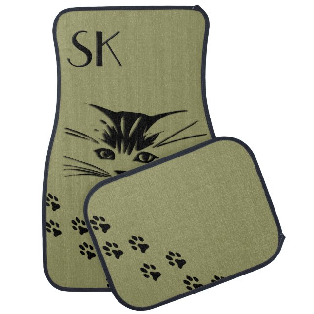 Cat Face Prints Monogram Olive Car Mat (Set)