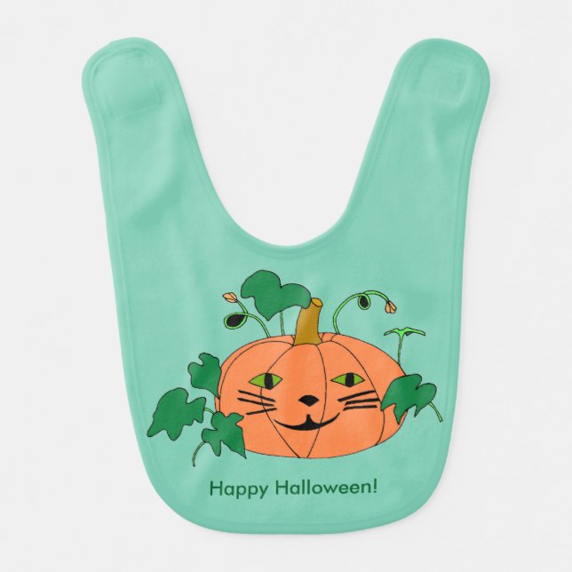 Cat Face Pumpkin Happy Halloween Baby Bibs (Front)