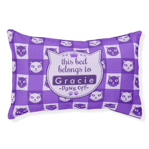 Cat Face Purple Gingham Cute Personalized Paws Off Pet Bed