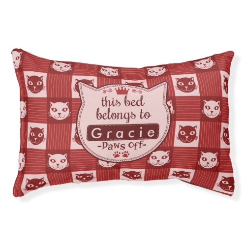 Cat Face Red Gingham Cute Personalized Paws Off Pet Bed