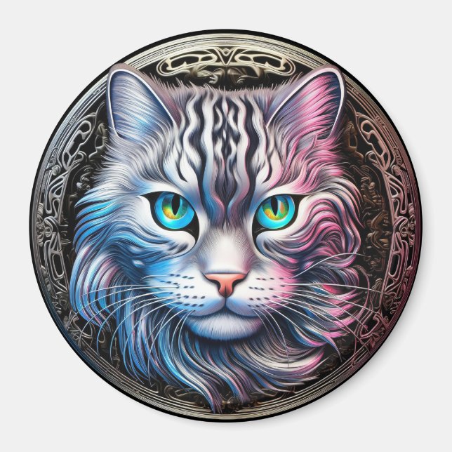 Cat Face Silvery Metallic Theme Magnet (Front)
