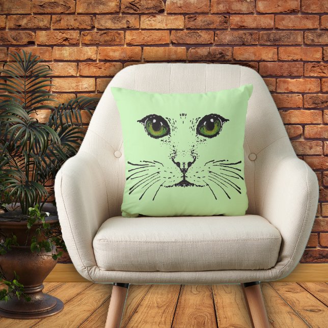Cat Face Sketch Deep Green Eyes long Whiskers  Throw Pillow (Kitty Cat face drawn in black green eyes whiskers on light green accent decorative pillow.)