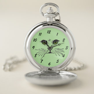 Cat Face Whiskers Black Illustration Green eyes Pocket Watch