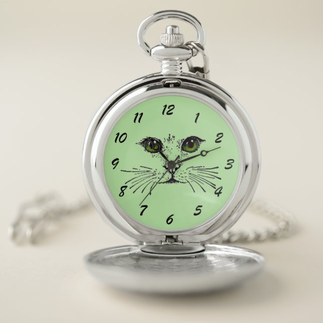 Cat Face Whiskers Black Illustration Green eyes Pocket Watch (Inside)