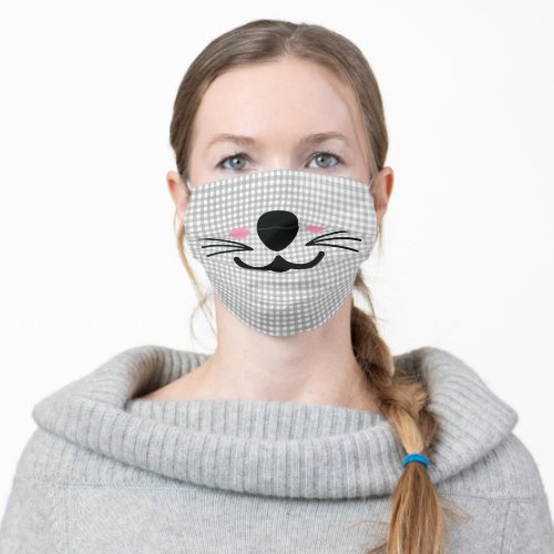 cat face whiskers on gingham adult cloth face mask