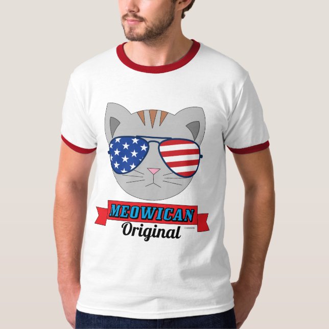 Cat Face with American Flag Sunglasses Funny T-Shirt (Front)