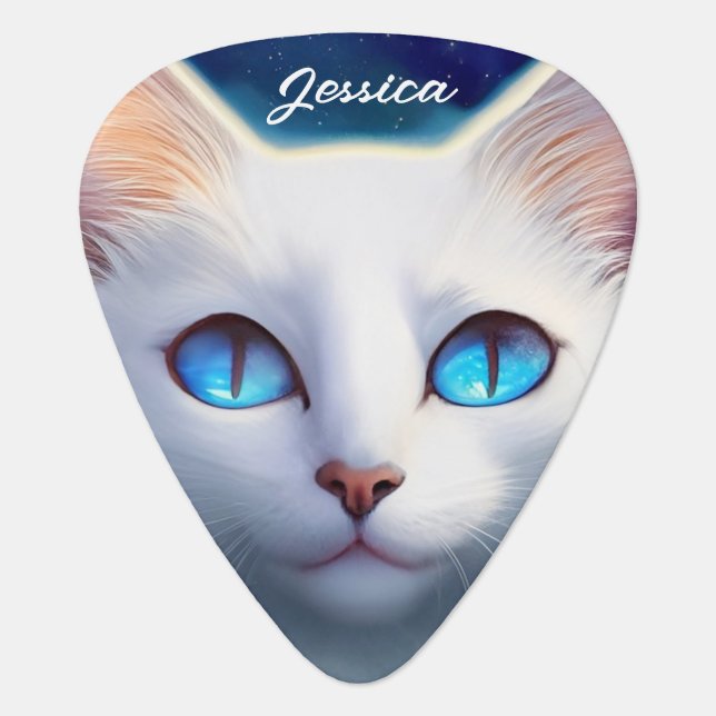 Cat Face with Blue Eyes Personalized Name Guitar Pick (Front)