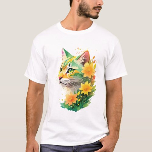 Cat Face with Floral   T_Shirt