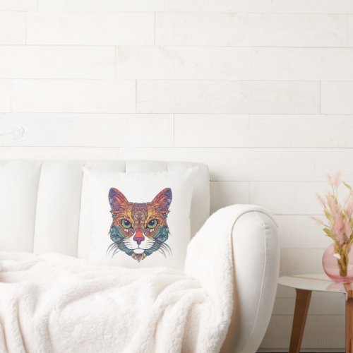 Cat Face with Mandala Paterns Throw Pillow