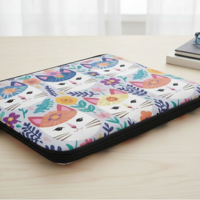 Cat Faces And Flowers  Laptop Sleeve (Creator Uploaded)
