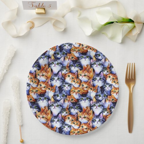 Cat faces cartoon pattern print ginger gray kitty paper plates