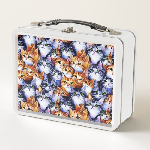 Cat faces collage cartoon print pattern animal metal lunch box