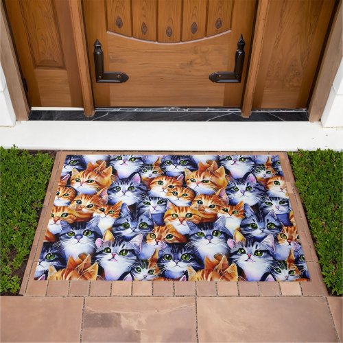 Cat faces collage cartoon print pattern pet doormat