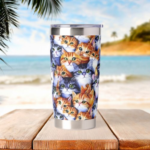 Cat faces collage pet kitten name print pattern insulated tumbler
