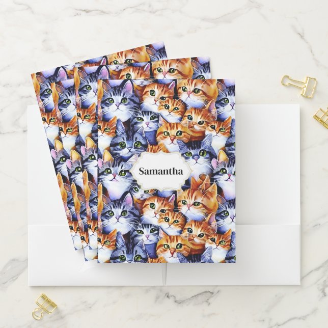Cat faces collage pet kitten name print pattern pocket folder (In Situ)