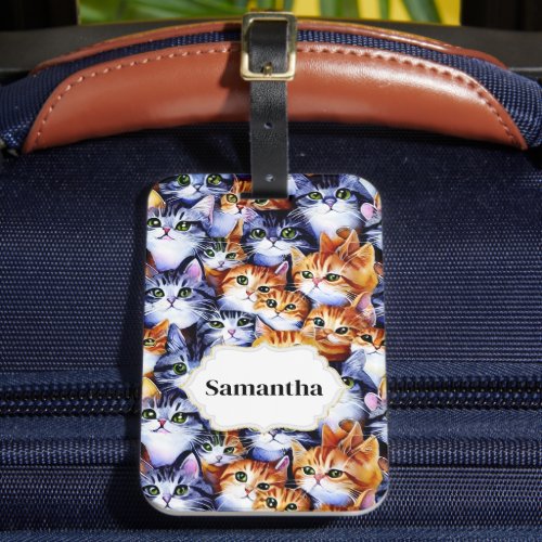 Cat faces collage print custom name kitten eyes luggage tag