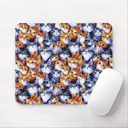Cat faces collage print pattern gray ginger kitten mouse pad